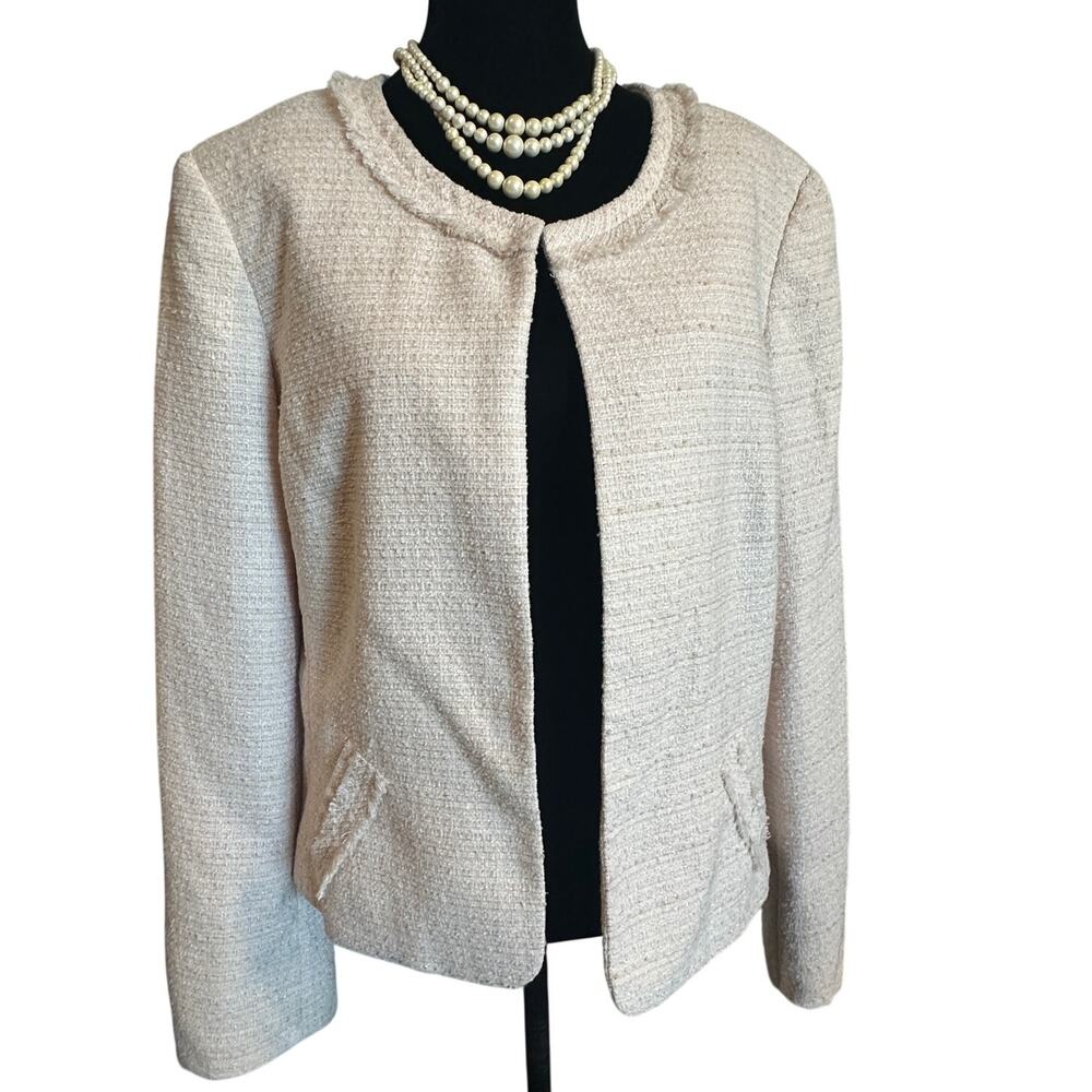 Tweed Metallic Fringe Open Front Blazer Jacket Cream Size 14